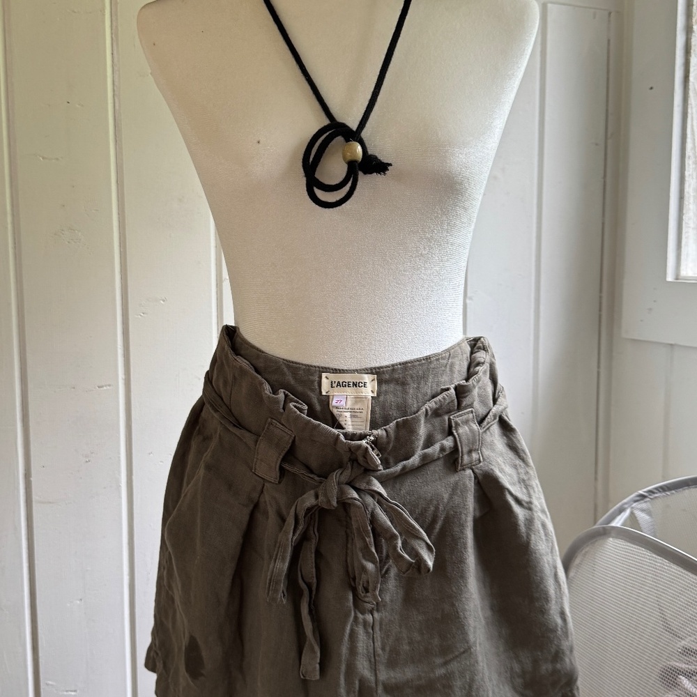 L’AGENCE Army green linen paper bag shorts